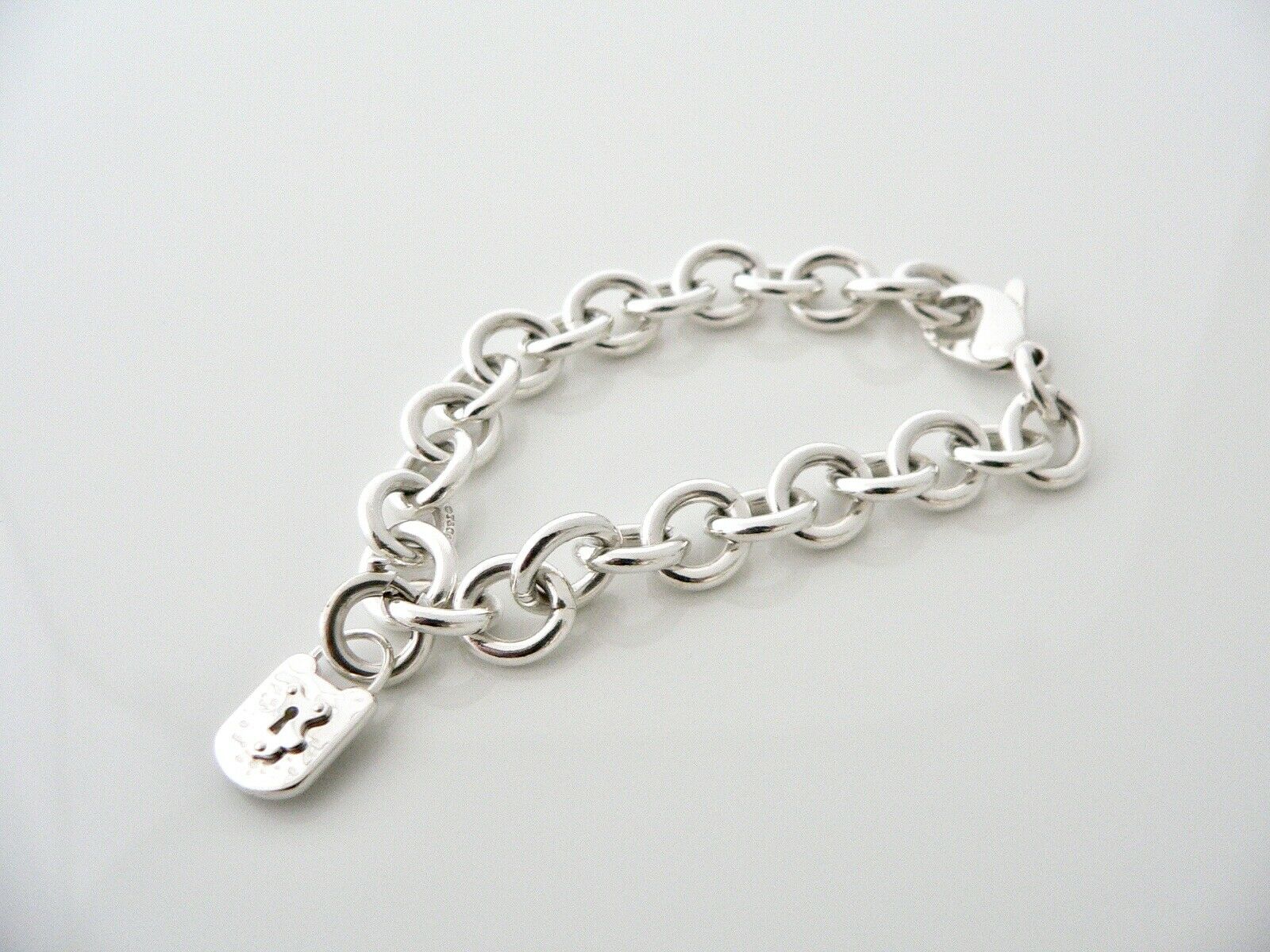 Tiffany & Co Key Keyhole Padlock Bracelet Charm Chain Silver Pouch Clasp 7.25 In