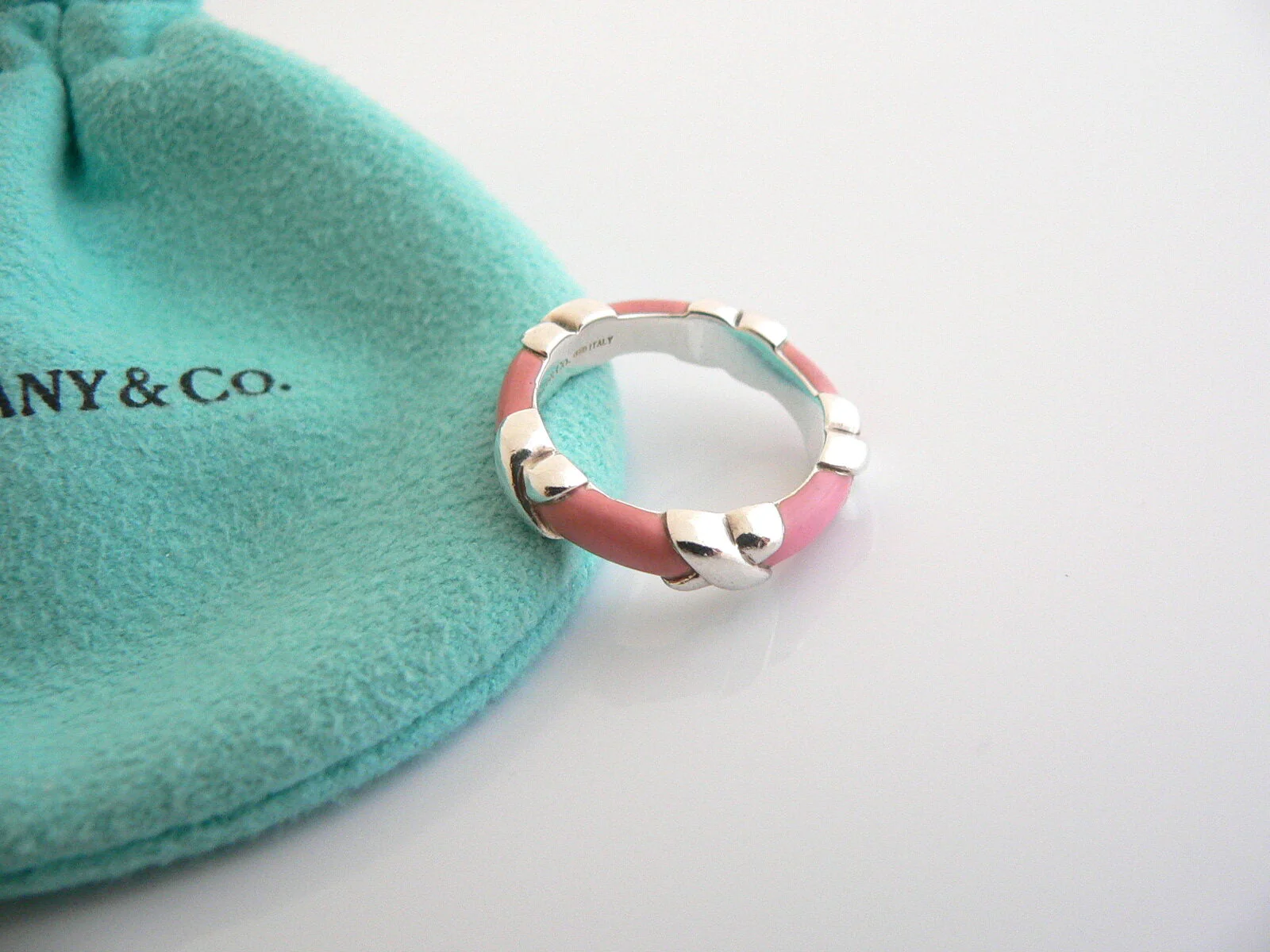 Tiffany & Co Silver Pink Enamel Signature X Stacking Ring Band Sz 6.25 Gift Love