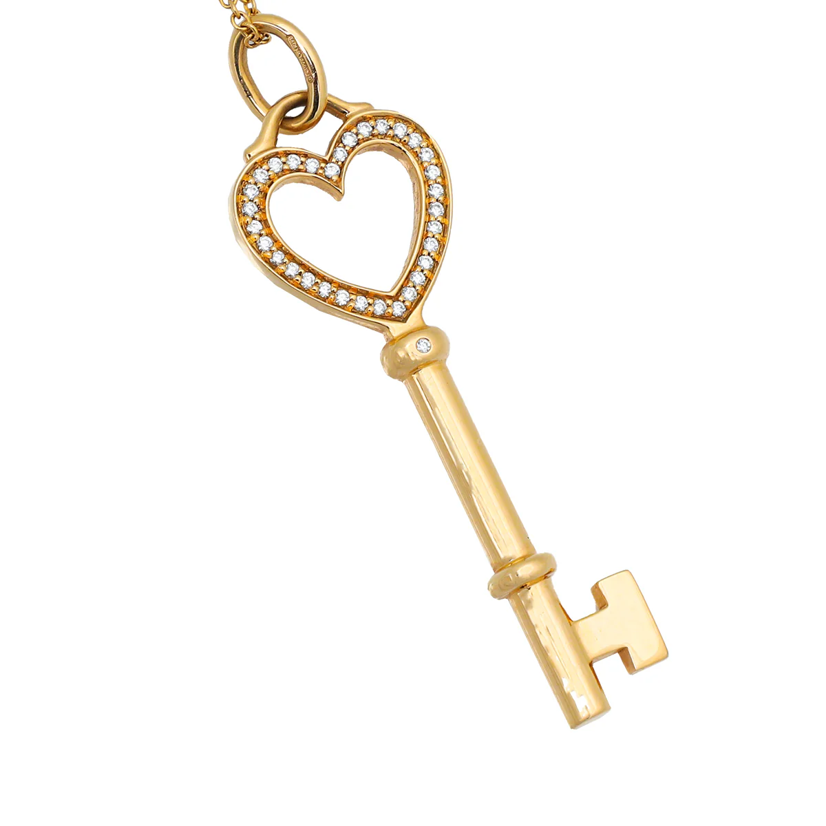 Tiffany & Co 18K Yellow Gold Diamond Heart Key Pendant Necklace