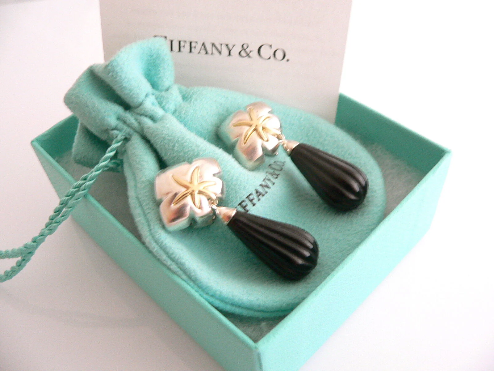 Tiffany & Co Silver 18K Gold Onyx Dangle Dangling Earrings Starfish Gift Pouch