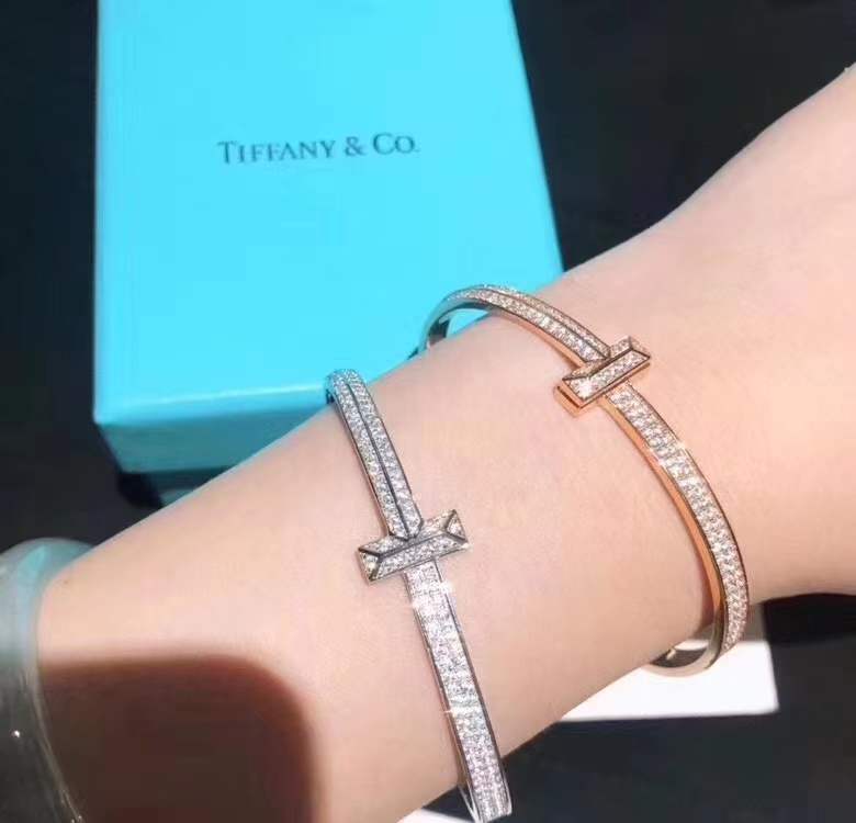 Tiffany T T1 Wide Diamond Hinged Bangle, Platinum & Rose Gold