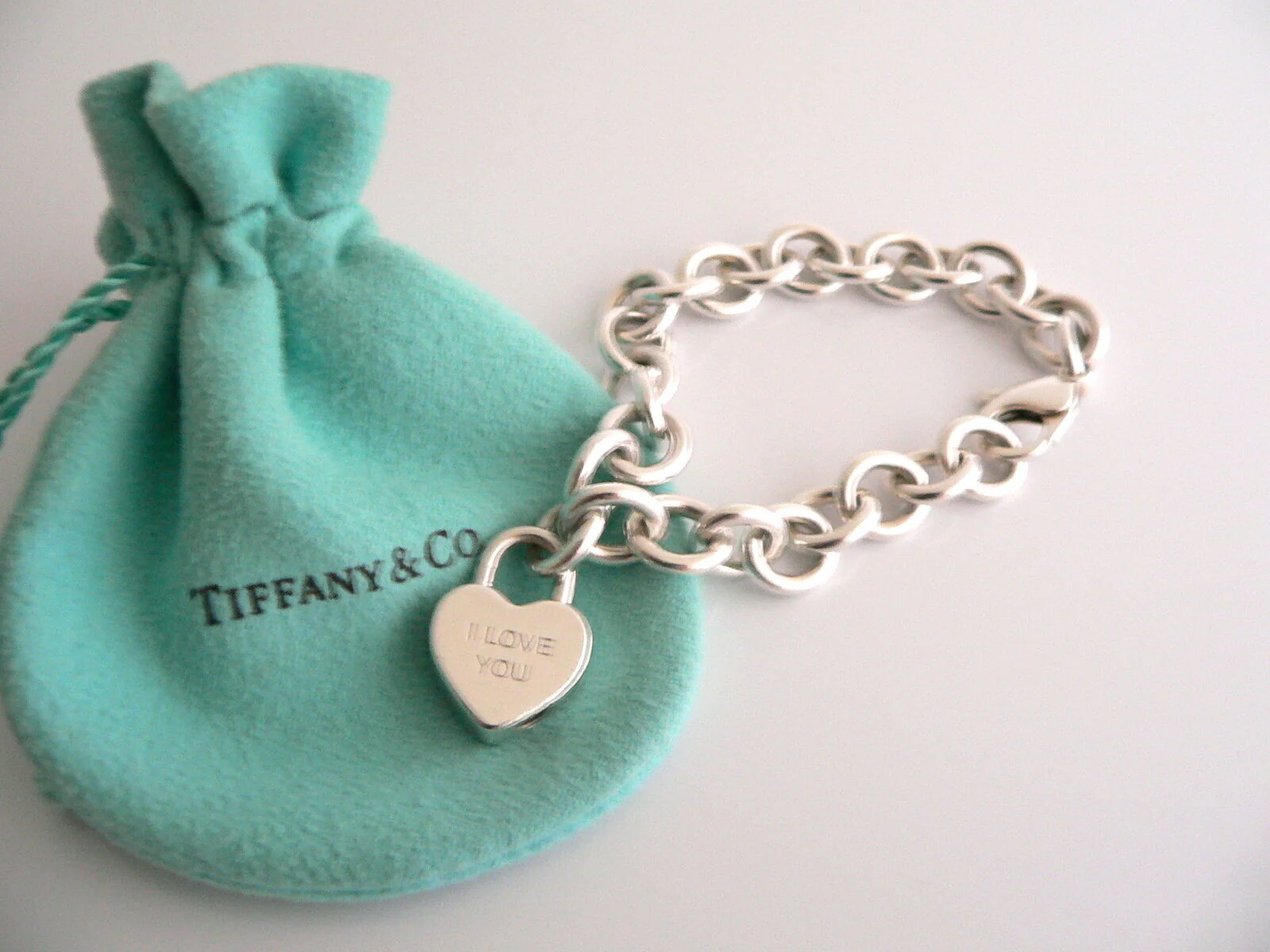 Tiffany & Co Silver I LOVE YOU Heart Padlock Bracelet Bangle Charm Gift Pouch