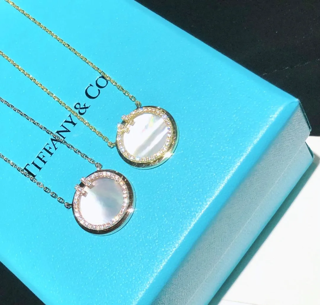 Women's Latest Style Tiffany Double T Diamonds Circle Mother-Of-Pearl Pendant Silver Necklace
