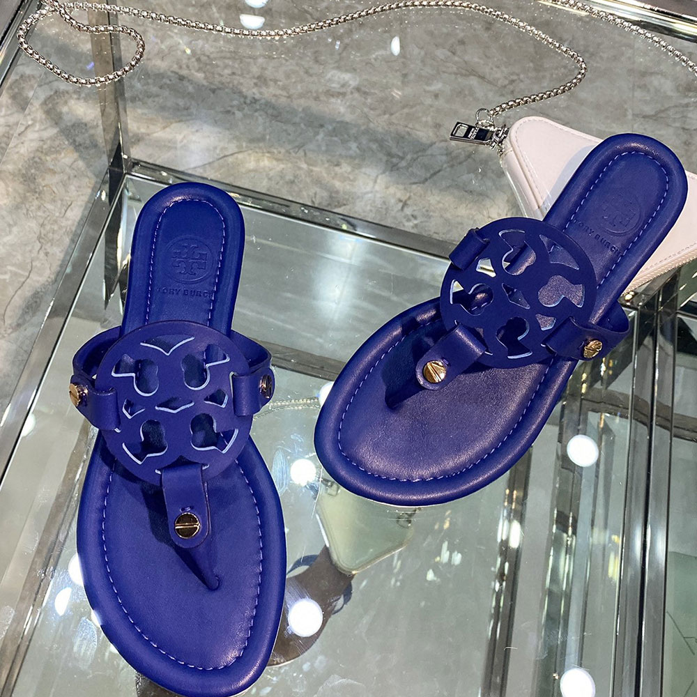 Tory Burch Leather Metal Double T Logo Flip-flops Sandals Slide (Replica)