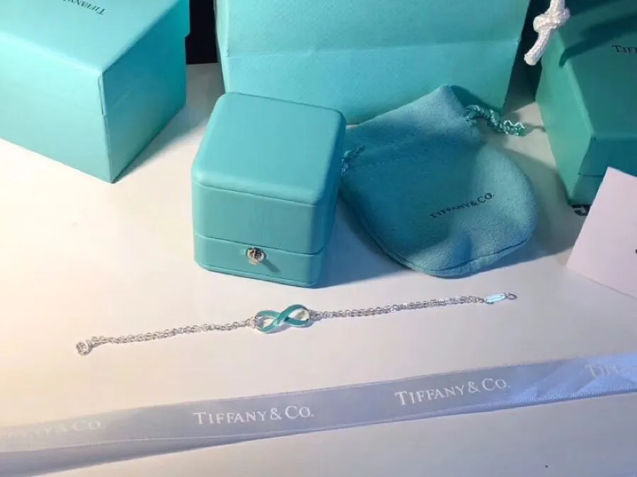 Fashion Tiffany Infinity Silver Double Chains Fashion Blue Enamel Finish Pendant Bracelet Engagement Lady Jewelrys GRP09427