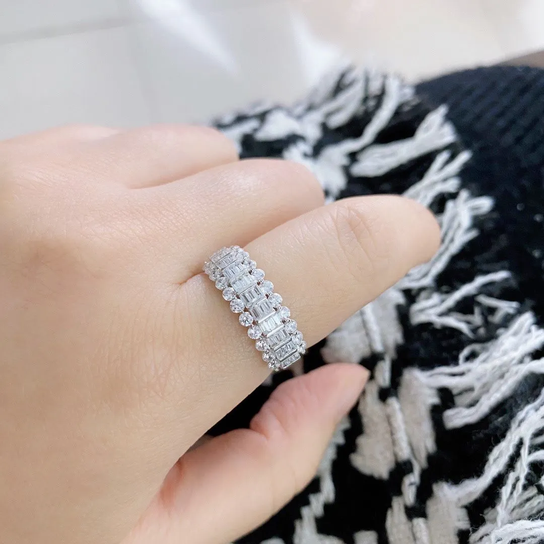 2021 Style Tiffany Sterling Silver Women White Gold Three-row Diamonds Fashion Ring 5/6/7/8 (US)