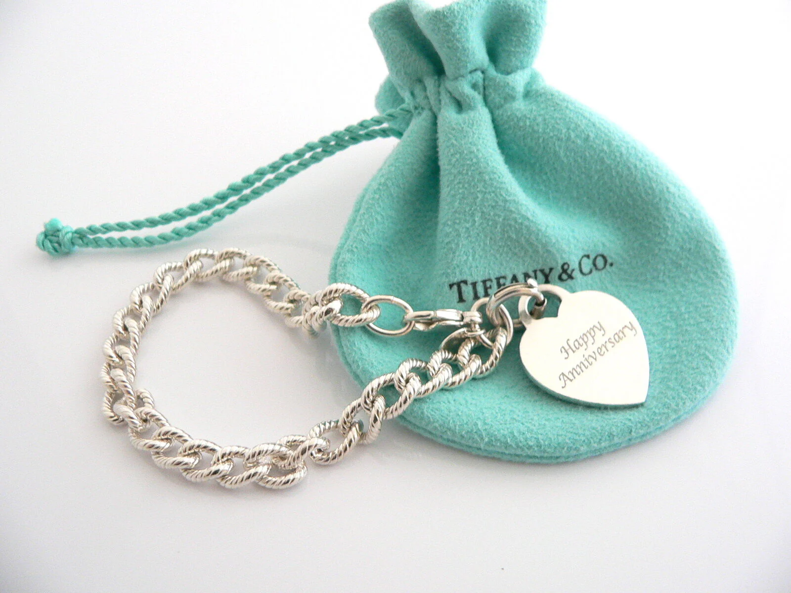 Tiffany & Co Silver HAPPY ANNIVERSARY Heart Charm Pendant Cable Bracelet Pouch