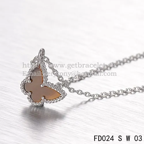 Van Cleef Arpels Lucky Alhambra Butterfly Necklace White Gold With Tiger's Eye Mother Of Pearl