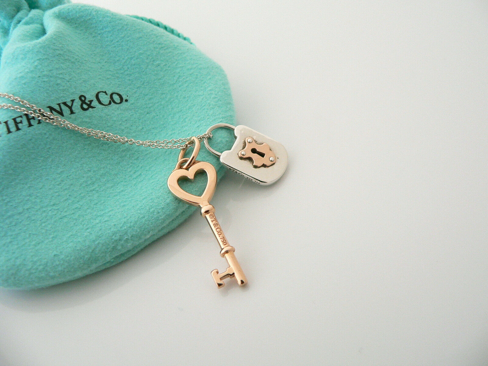 Tiffany Co Silver 18K Rose Gold Heart Key Locks Necklace Pendant Charm Gift Love
