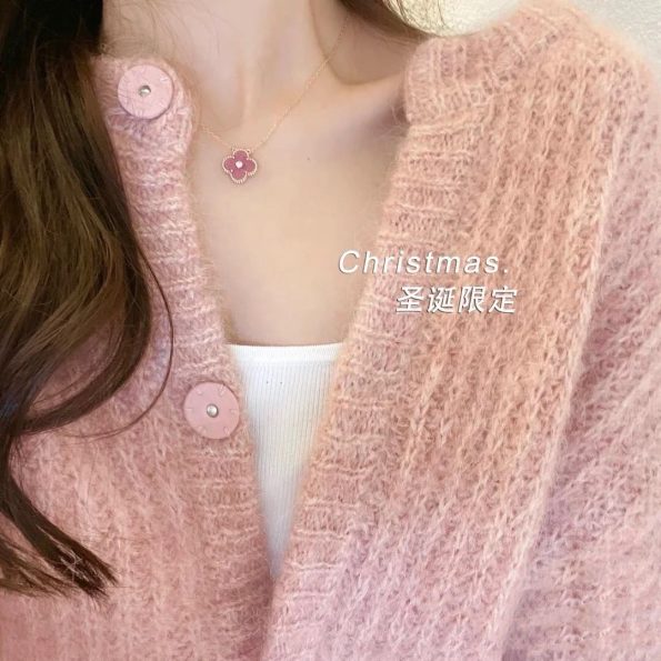 Van Cleef Necklace Dupe, Pink Clover Leaf Necklace, One Diamond, Rose Gold Chain