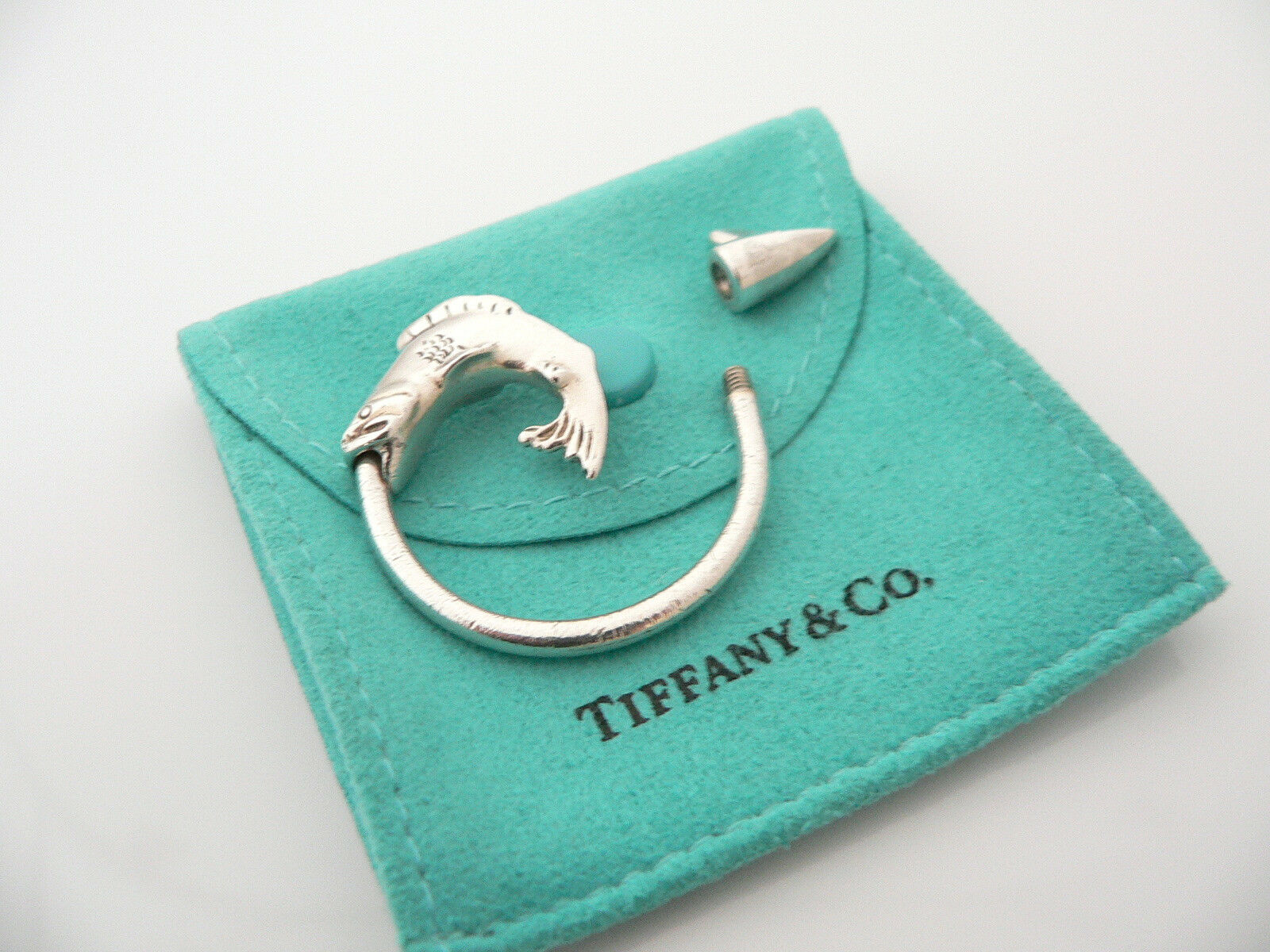 Tiffany & Co Silver Fishing Fish Hook Key Ring Key Chain Keychain Gift Pouch