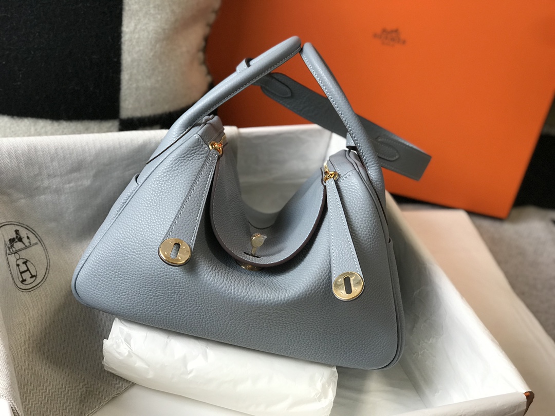 Original Copy Hermes Lindy Handbag Calfskin Light Blue with Gold and Sliver Hardware