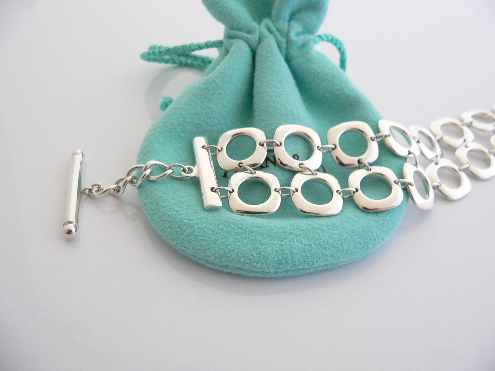 Tiffany & Co Cushion Square Link Toggle Bracelet Silver Double Chain Gift Pouch