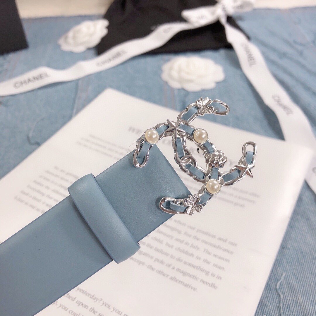 Chanel Belt With Double C Buckle Light Blue Silver Toned Hardware Women Belt 30MM