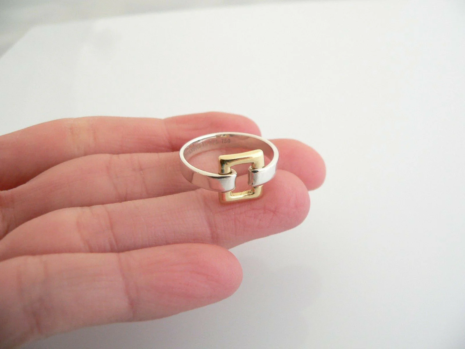 Tiffany & Co Silver 18K Gold Rectangle Ring Band Sz 7 Rare Gift Love Statement