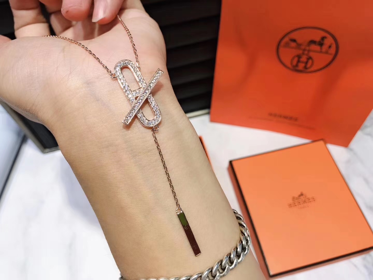 Hermes Pig Nose Necklace with Diamonds