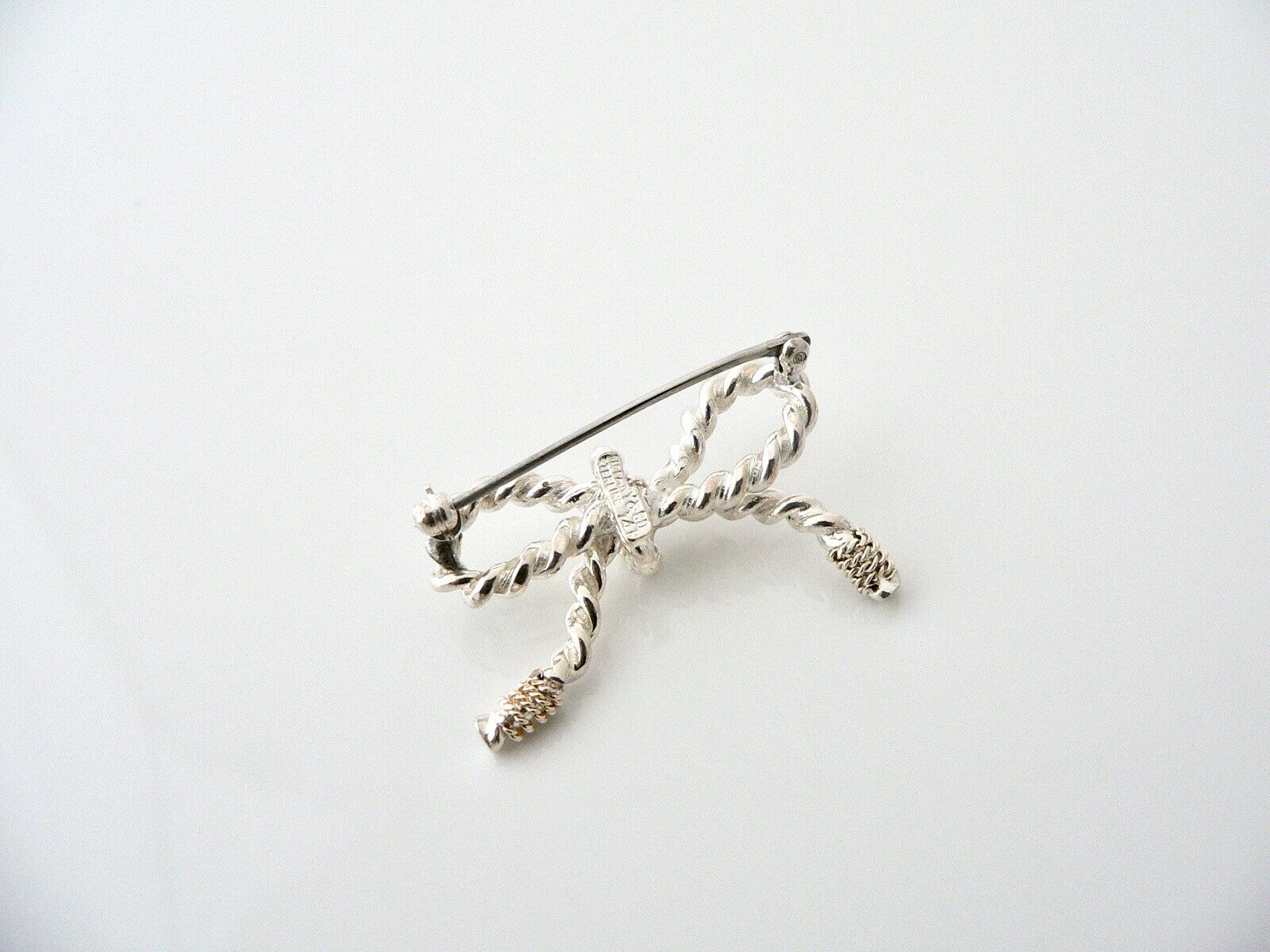 Tiffany & Co Ribbon Pin Textured Twisted Brooch Silver 14K Gold Love Gift Rare