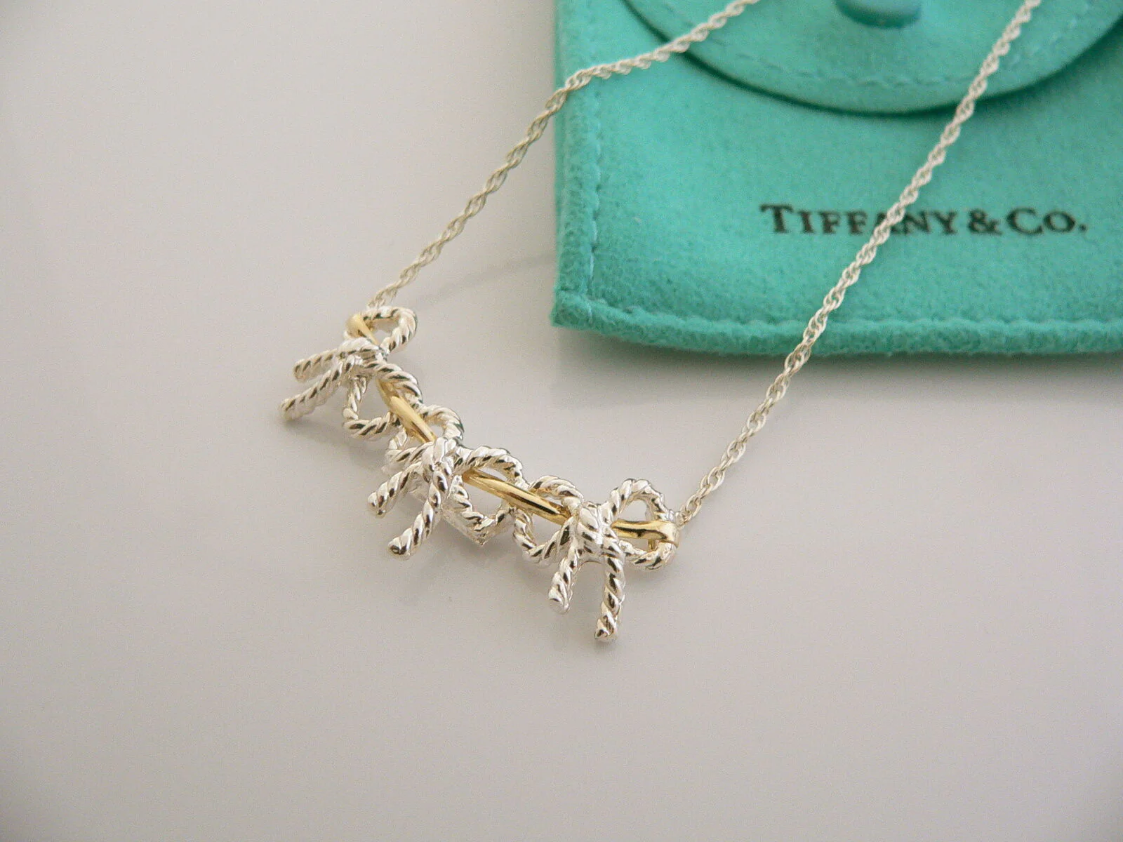Tiffany & Co Silver 18K Gold Triple Ribbon Bow Necklace Pendant 19 In Gift Pouch
