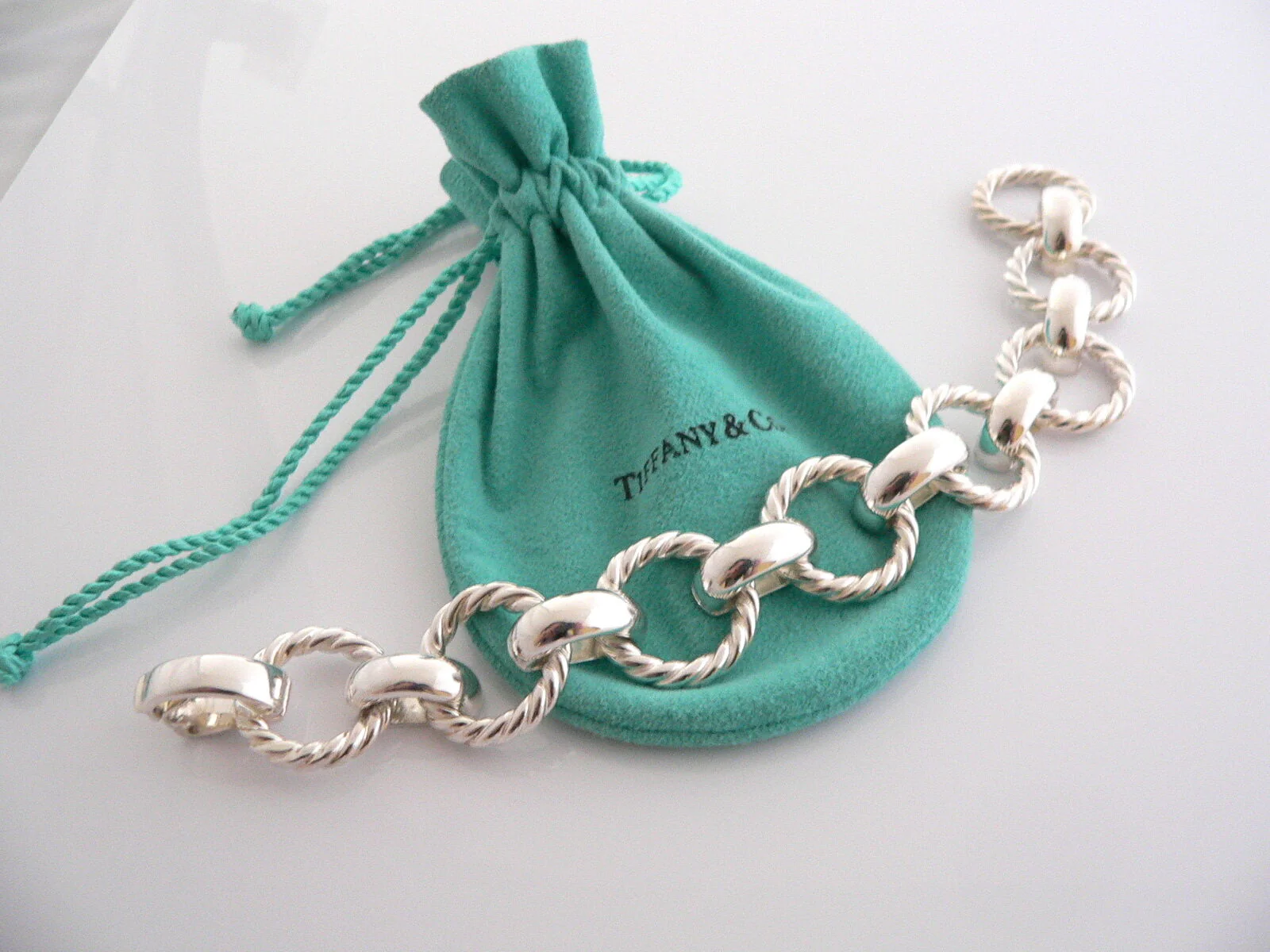 Tiffany & Co Silver Large Cable Rope Link Bracelet Bangle Gift Pouch Statement