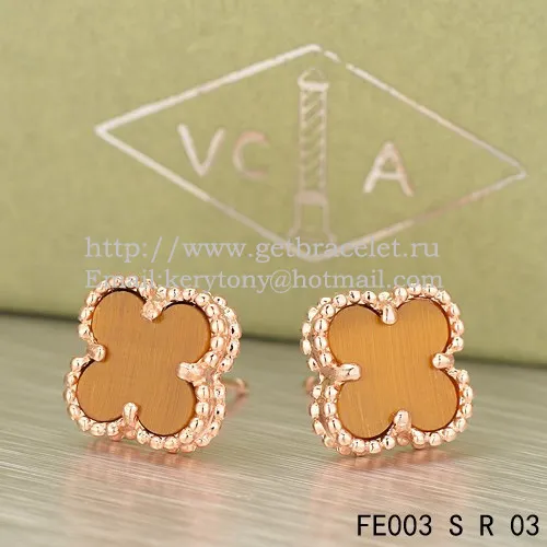 Van Cleef & Arpels Sweet Alhambra Earrings Pink Gold With Tiger's Eye Mother Of Pearl