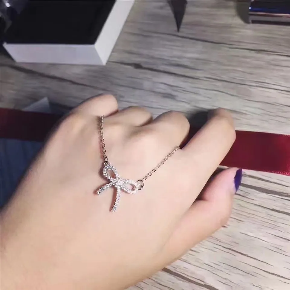 Nice Price Tiffany Bow Bowknot Pendant Studded Crystals Necklace Low Price Sale