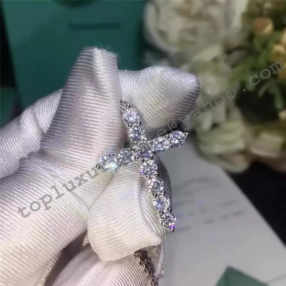 Tiffany Cross Pendant With Diamonds Sterling Silver Chain Necklace Fashion Party Jewelry Women