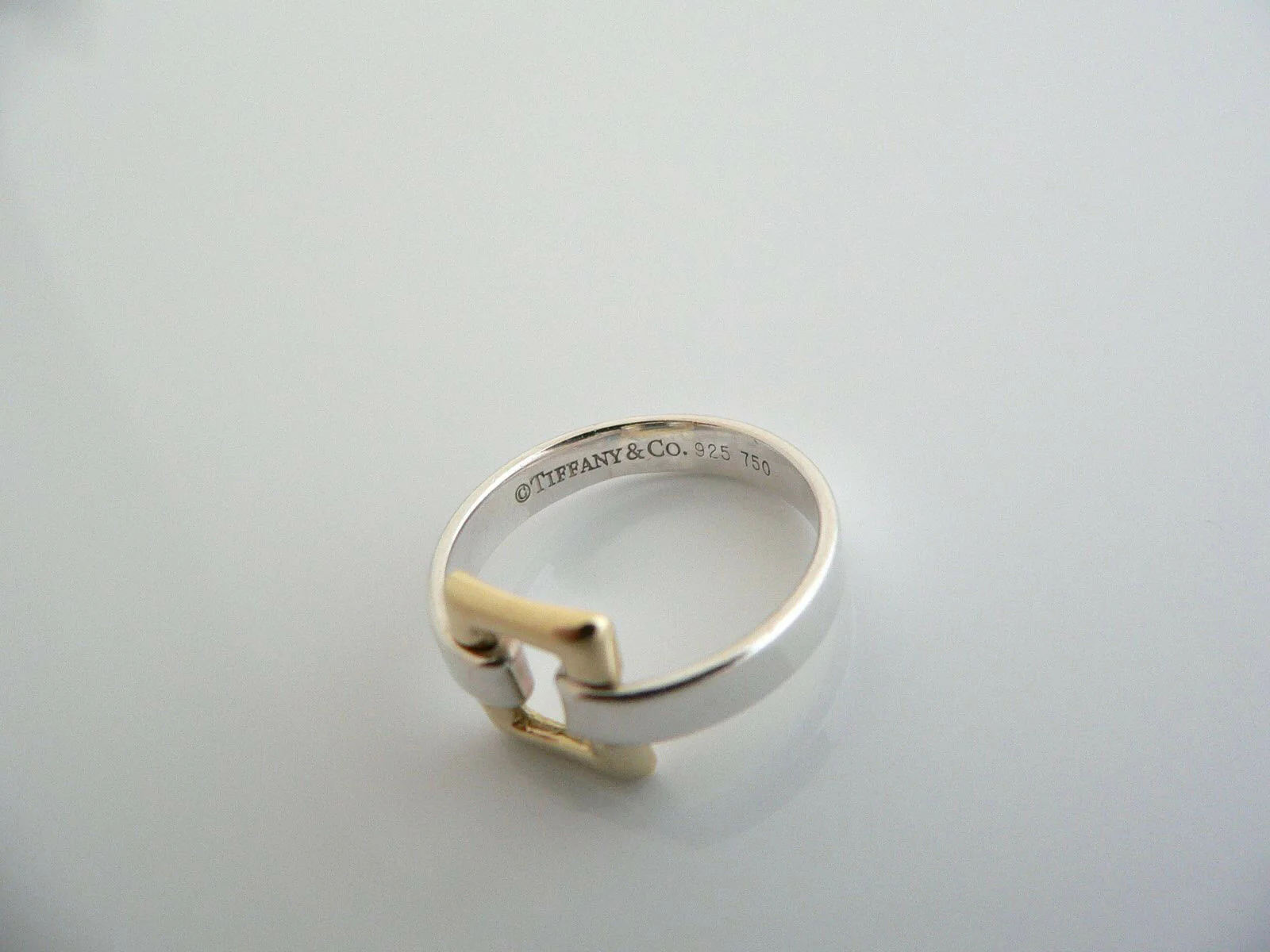 Tiffany & Co Silver 18K Gold Rectangle Ring Band Sz 7 Rare Gift Love Statement
