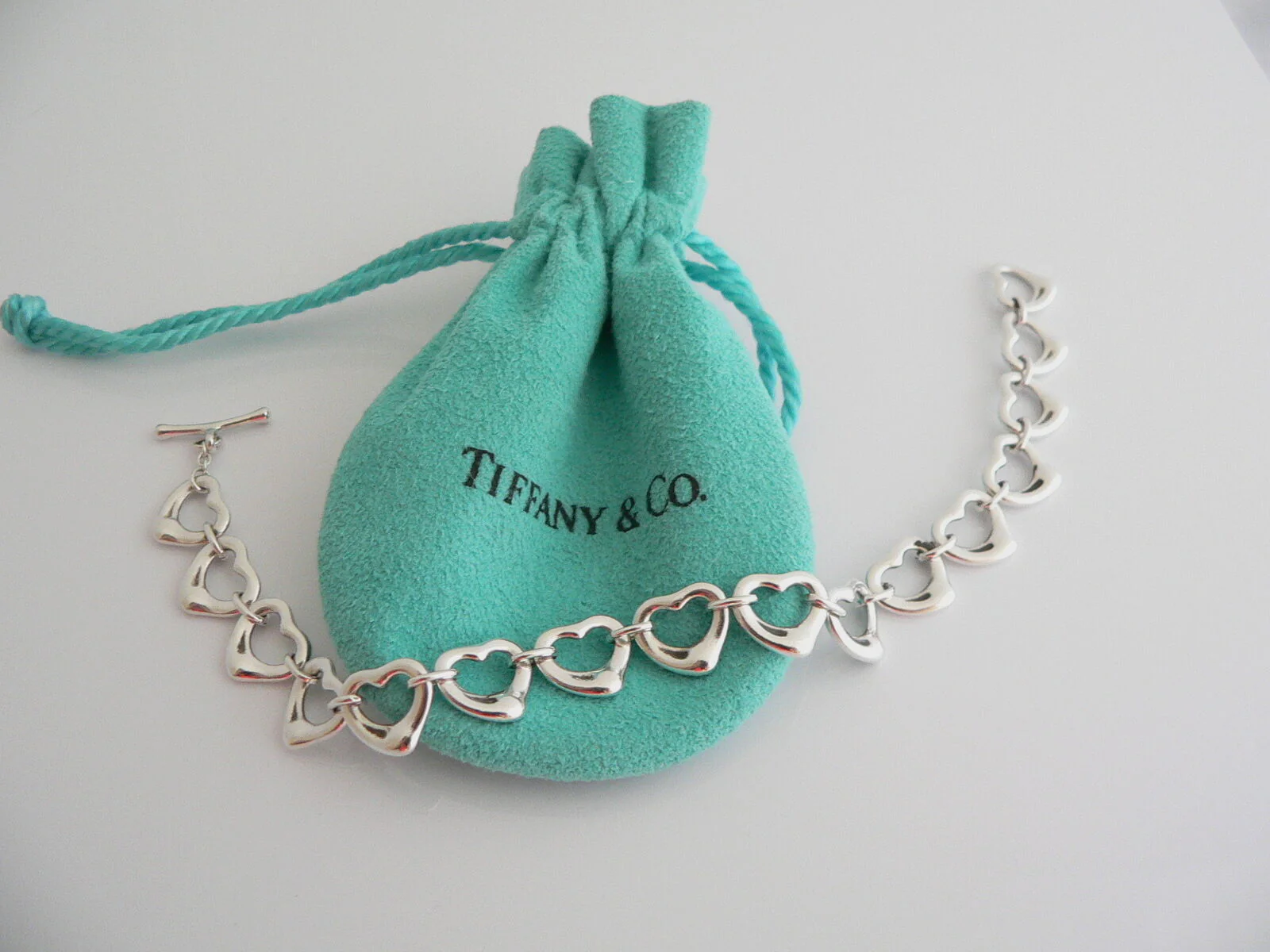 Tiffany & Co Silver Open Heart Link Bracelet Bangle Gift Love Pouch