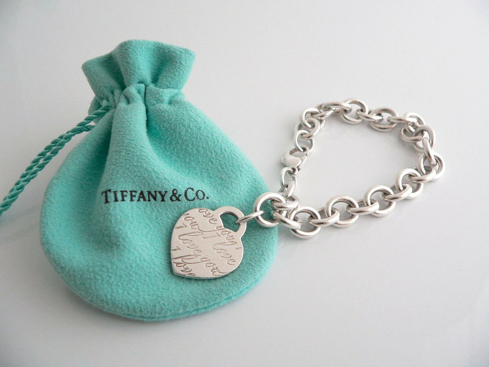 Tiffany & Co Silver I Love You Heart Bracelet Charm Pendant Chain Gift Pouch