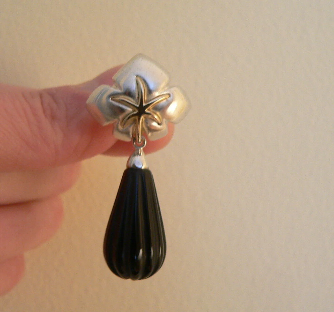 Tiffany & Co Silver 18K Gold Onyx Dangle Dangling Earrings Starfish Gift Pouch