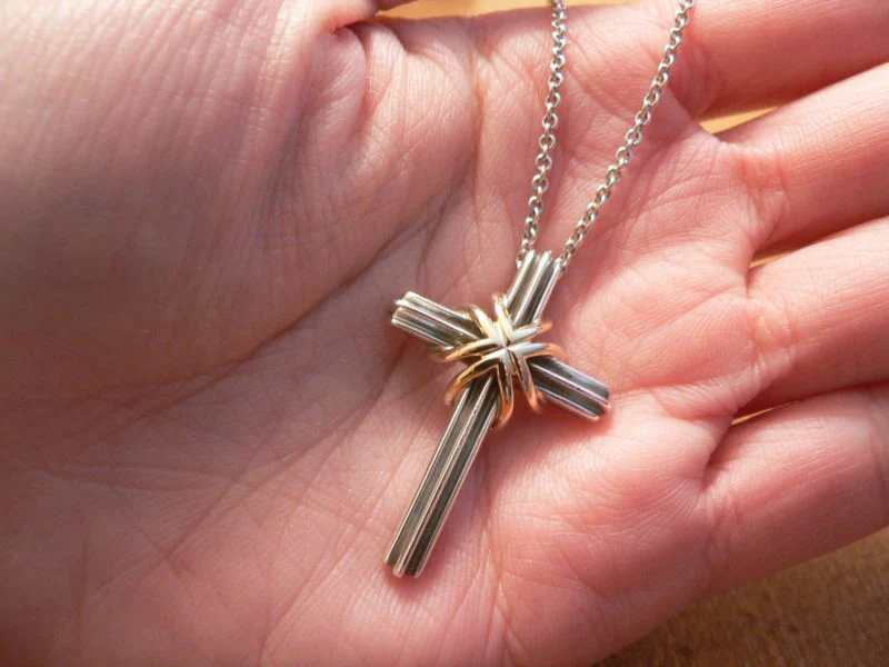 Tiffany & Co Silver 18K Gold Cross Necklace Pendant Charm 18 In Chain Gift Love