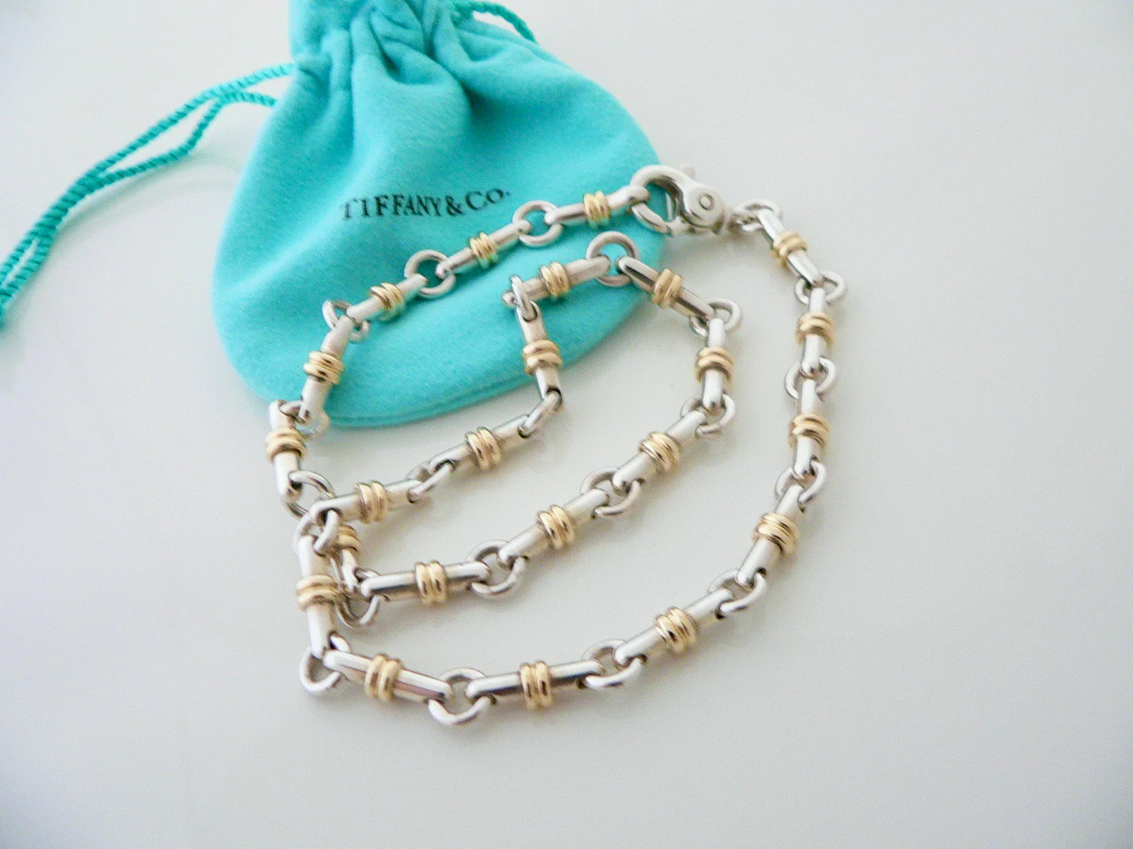 Tiffany & Co Silver Gold Bar Link Tube Necklace Pendant Chain Gift Pouch Cocktail Party Heavy