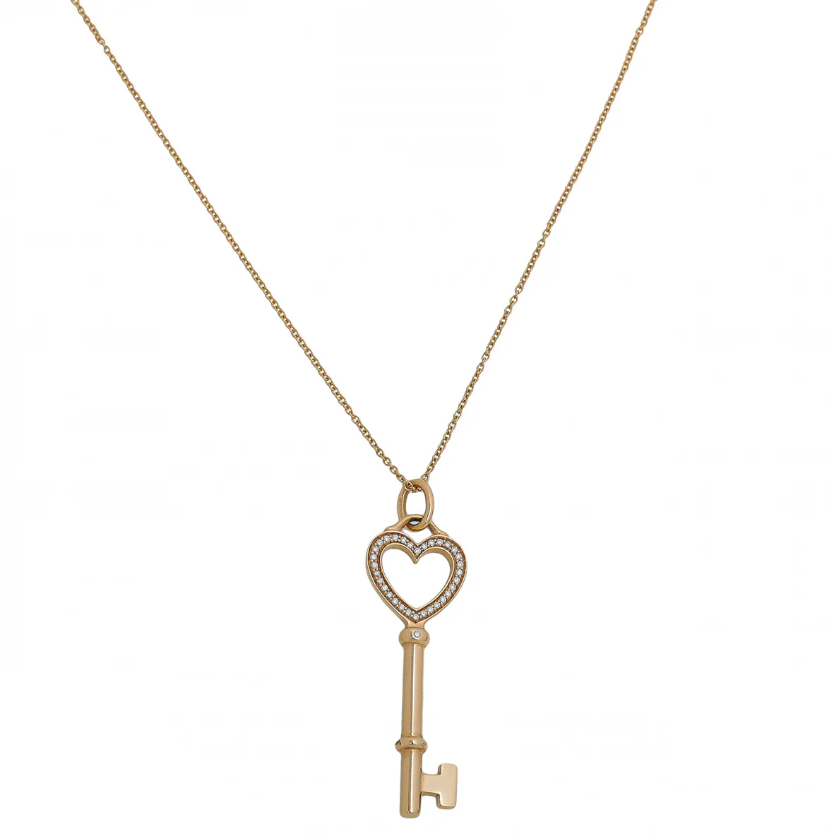 Tiffany & Co 18K Yellow Gold Diamond Heart Key Charm Necklace