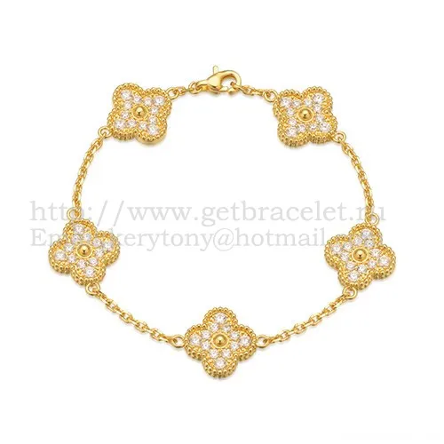 Van Cleef & Arpels Vintage Alhambra Bracelet 5 Motifs Yellow Gold With Round Diamonds