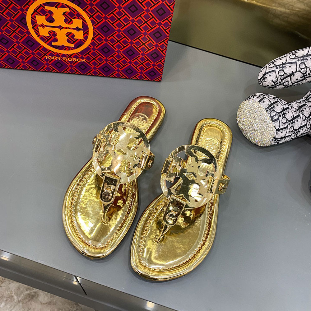 Tory Burch Leather Metal Double T Logo Flip-flops Sandals Slide (Replica)