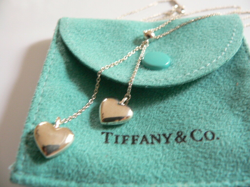 Tiffany & Co Silver Double Dangling Hearts Necklace Pendant Charm Gift Pouch