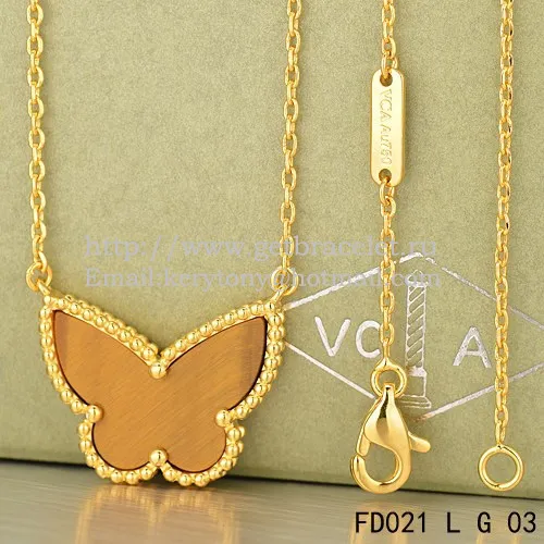 Van Cleef Arpels Lucky Alhambra Butterfly Pendant Yellow Gold With Tiger's Eye Mother Of Pearl