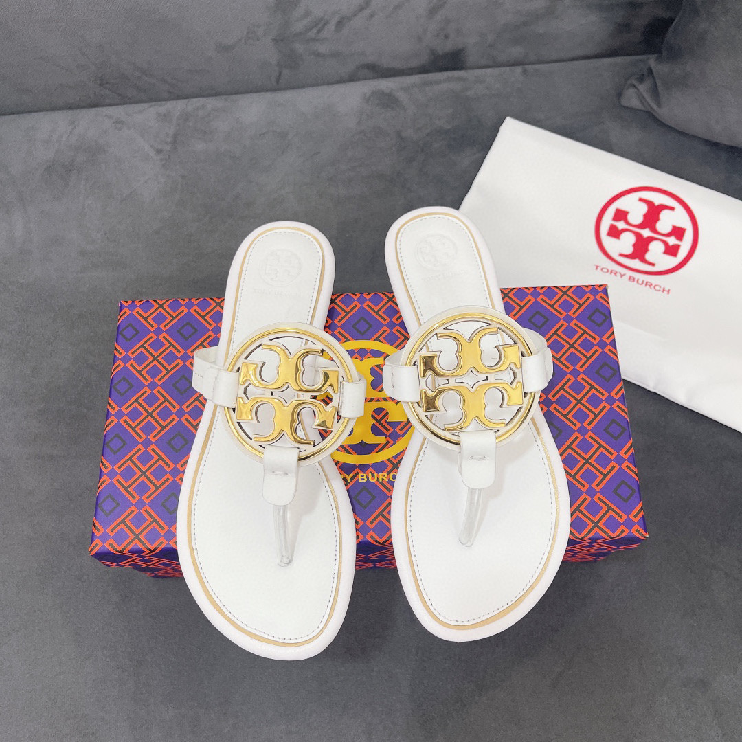 Tory Burch Leather Metal Double T Logo Flip-flops Sandals Slide (Replica)