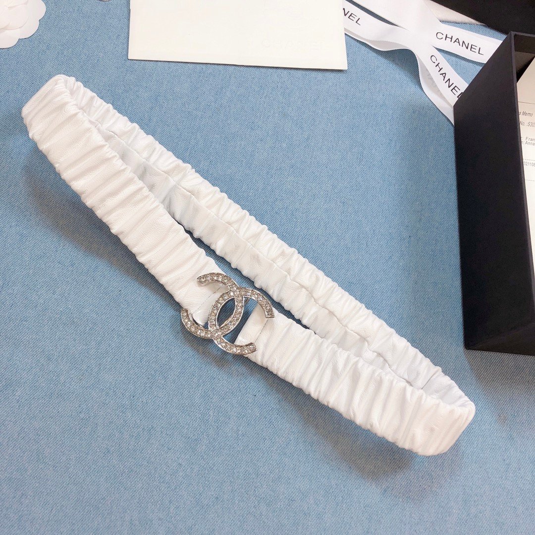 Chanel Belt Double C Buckle White Silver-Toned Hardware and Strass Women Belt 30MM