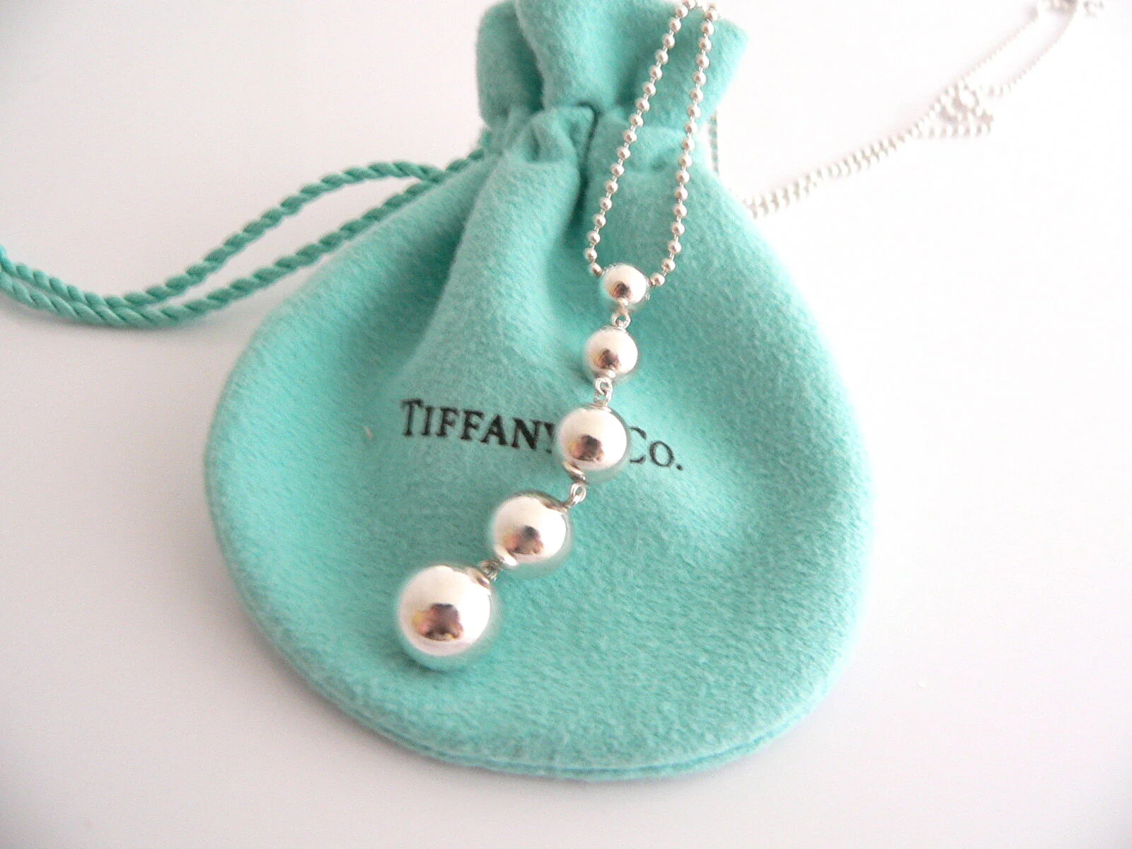 Tiffany & Co Silver Graduated Bead Dangle Ball Drop Necklace Pendant Gift Pouch