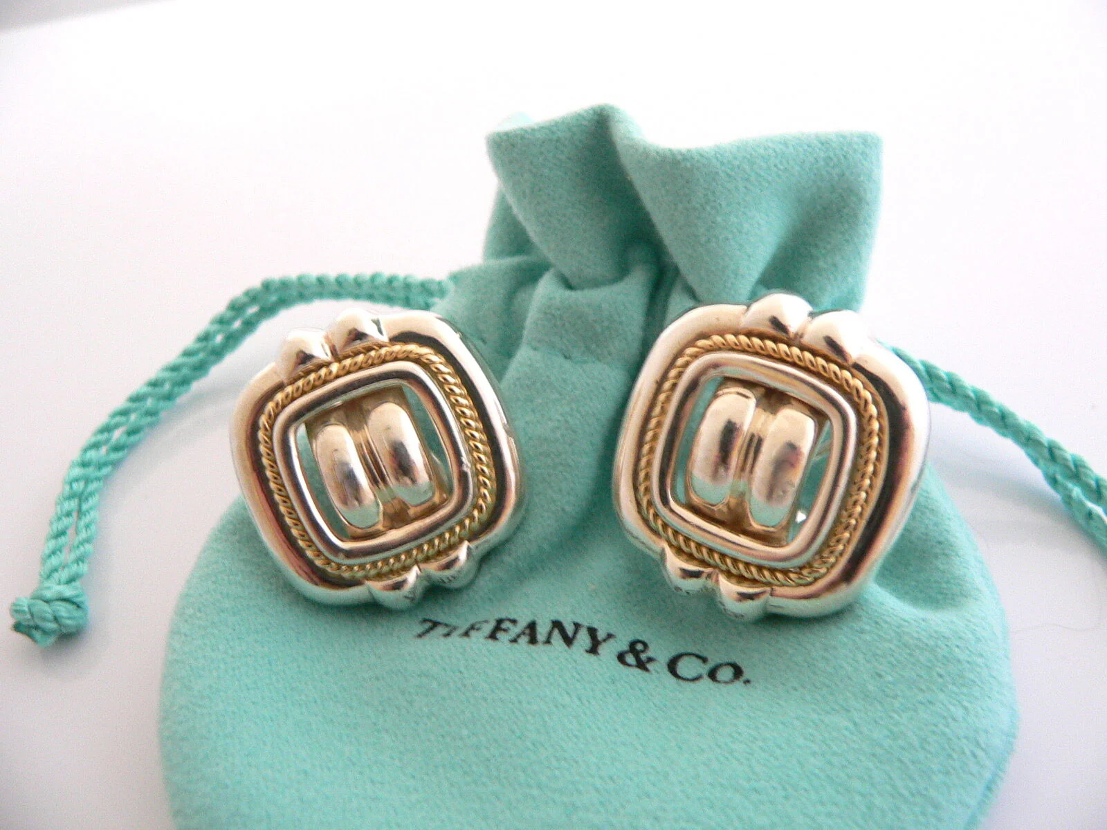 Tiffany & Co Silver 18K Gold Rope Square Clip On Earrings Gift Pouch Love