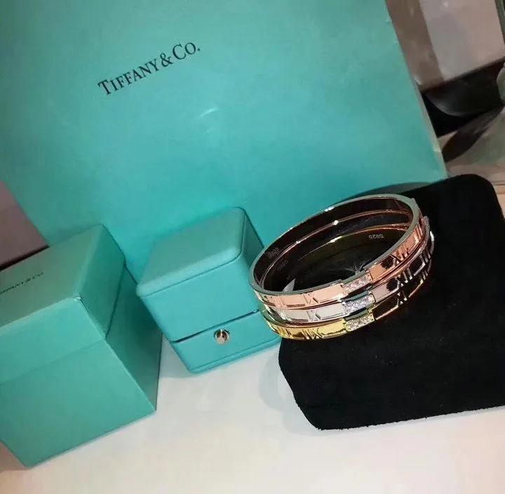 Tiffany Atlas Ladies Closed Hinged Silver Pink/ Yellow Gold Bangle Crystals 2021 Popular GRP03265/GRP03235