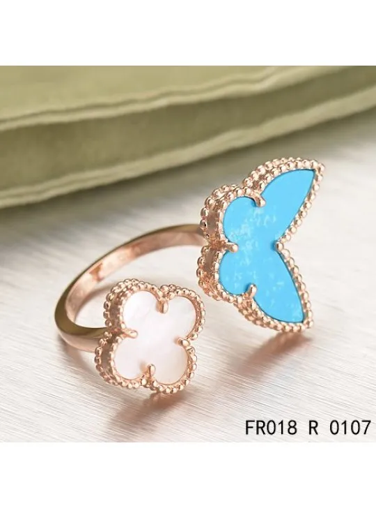 Van Cleef Arpels Luck Alhambra Between The Finger Ring Pink Gold Turquoise With Mother Of Pearl