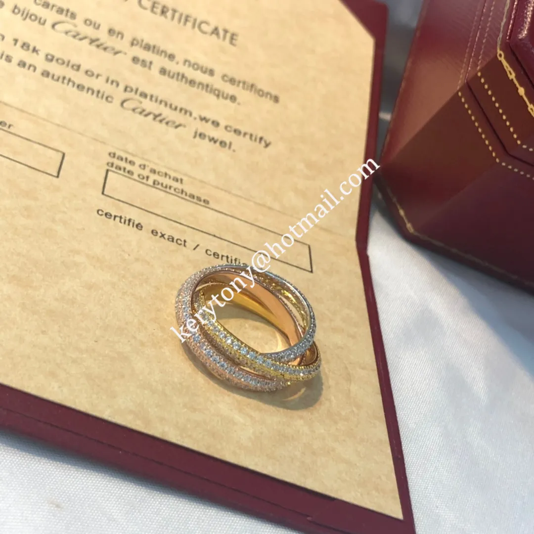 Spring Fashion Cartier Trinity Ring White Gold/Yellow God/Rose Gold With Pave Diamonds N4227600 High End