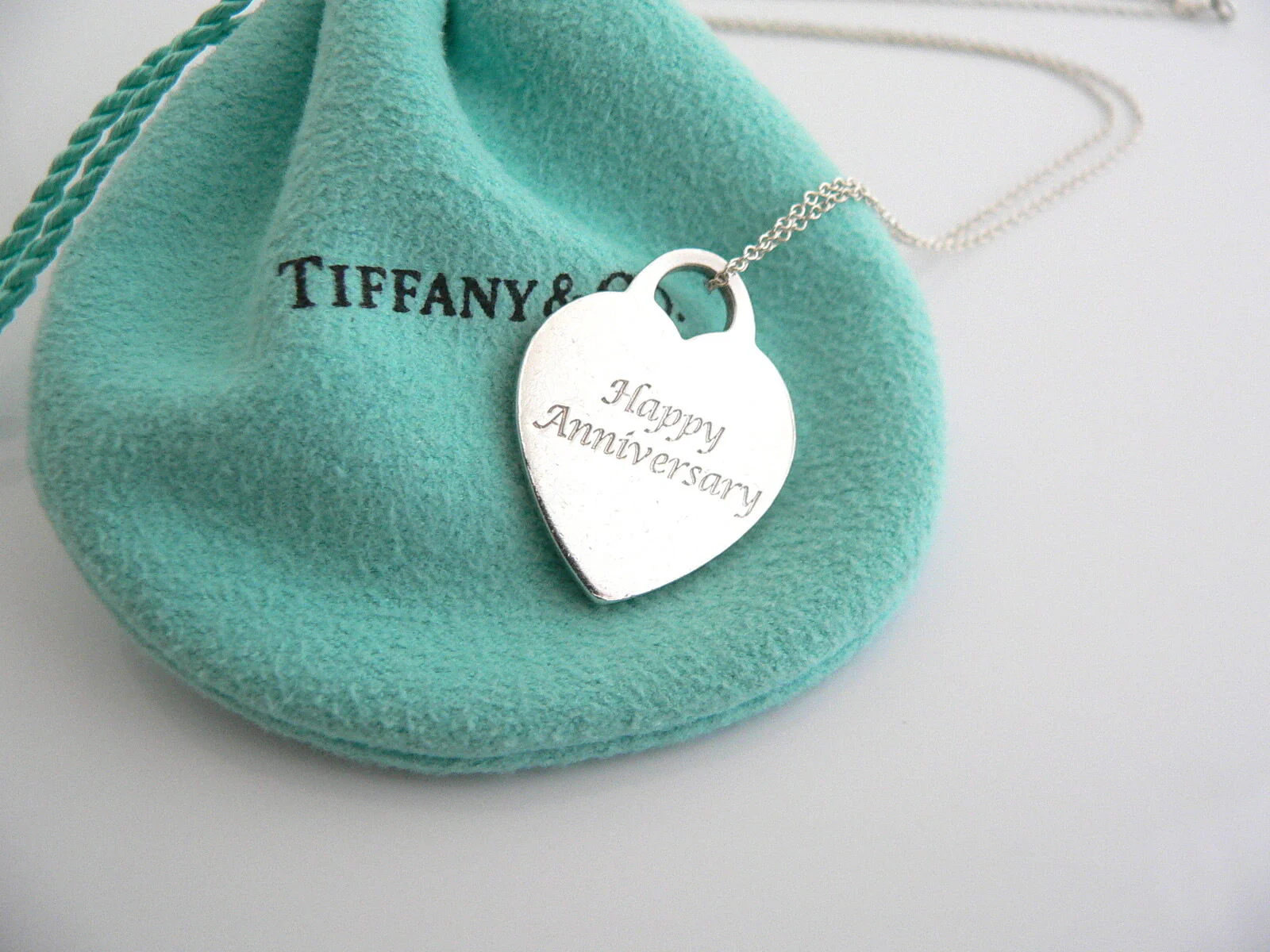 Tiffany & Co Silver Heart HAPPY ANNIVERSARY Medium Necklace Pendant Charm Chain