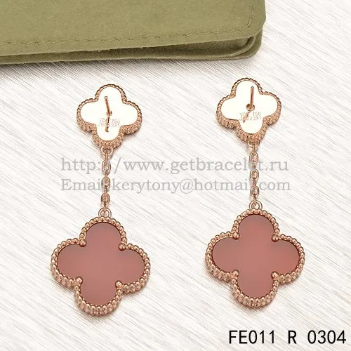 Van Cleef & Arpels Magic Alhambra Earrings Pink Gold With Tiger's Eye Carnelian