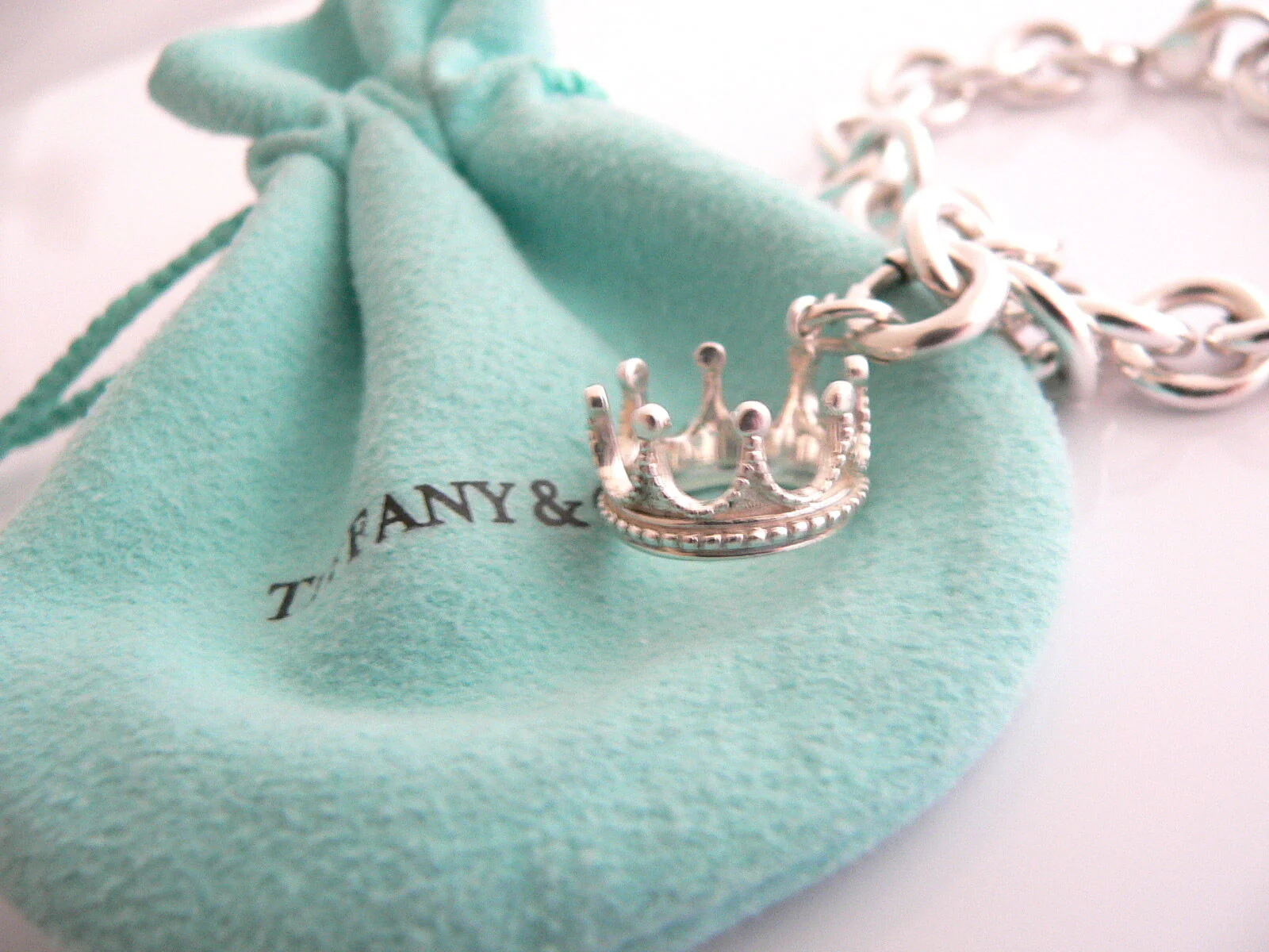 Tiffany & Co Silver Crown Bracelet Charm Princess 8 Inch Longer Gift Pouch Love