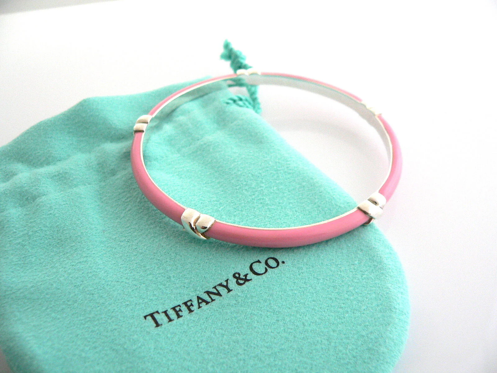 Tiffany & Co Silver Pink Enamel Signature X Bangle Bracelet Mint Gift Pouch Box