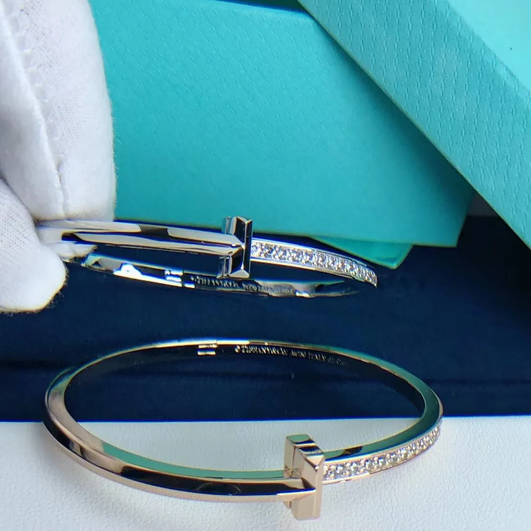 Tiffany T T1 Narrow Hinged Bangle With Diamonds Champagne Gold/White Gold