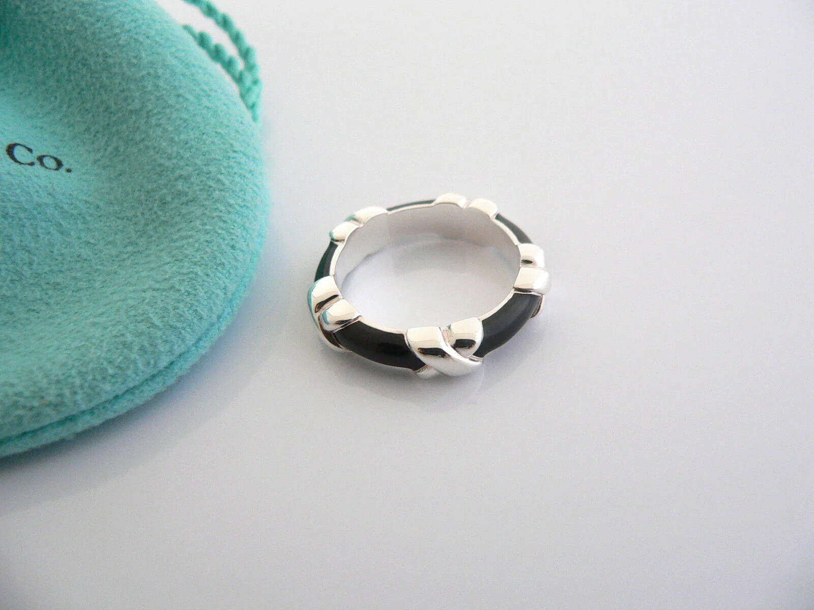 Tiffany & Co Signature Ring Silver Black Enamel X Stacking Band Sz 5 Gift Love